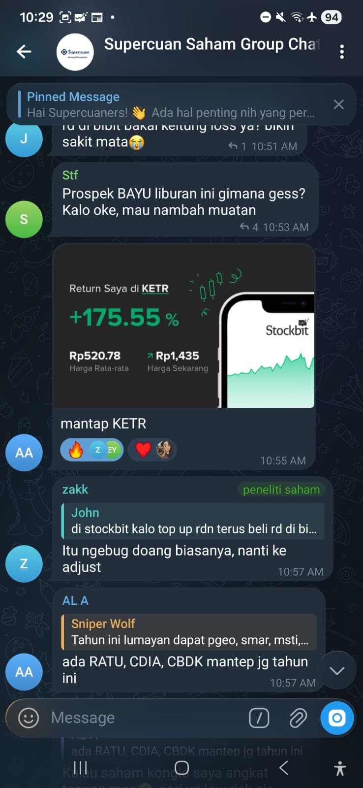 Supercuan Saham Telegram group chat - stock return